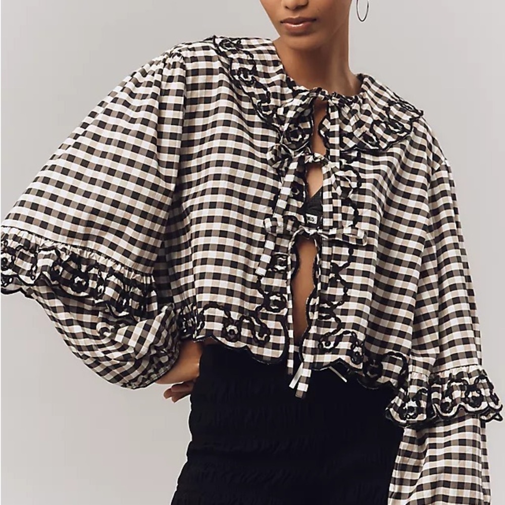 Anthropologie Maeve Long Sleeve Scallop Tie-Front Blouse One Size